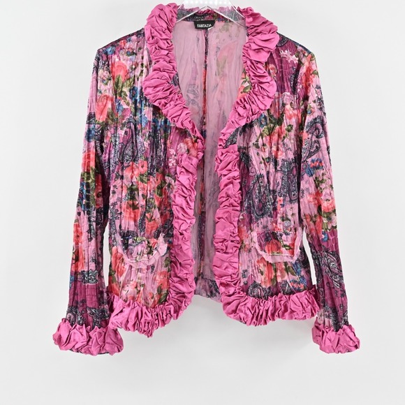 Jackets & Blazers - Vtg FANTAZIA Womens Velvet Jacket Size M Pink Floral Paisley Crinkle Ruffle Y2k